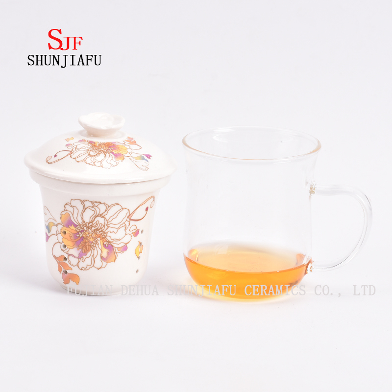 Flower Tea Cup Ceramic Filter Glass 400ml