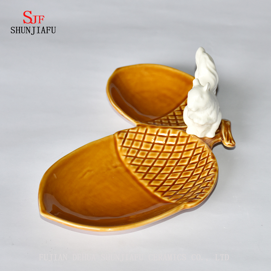 Creative Double Pine Cones and Cute Bird Ceramic Seasoning Plate/B