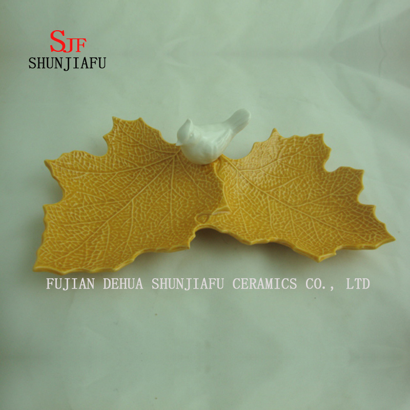 Creative Double Maple Leaf and Cute Bird Ceramic Seasoning Plate/a