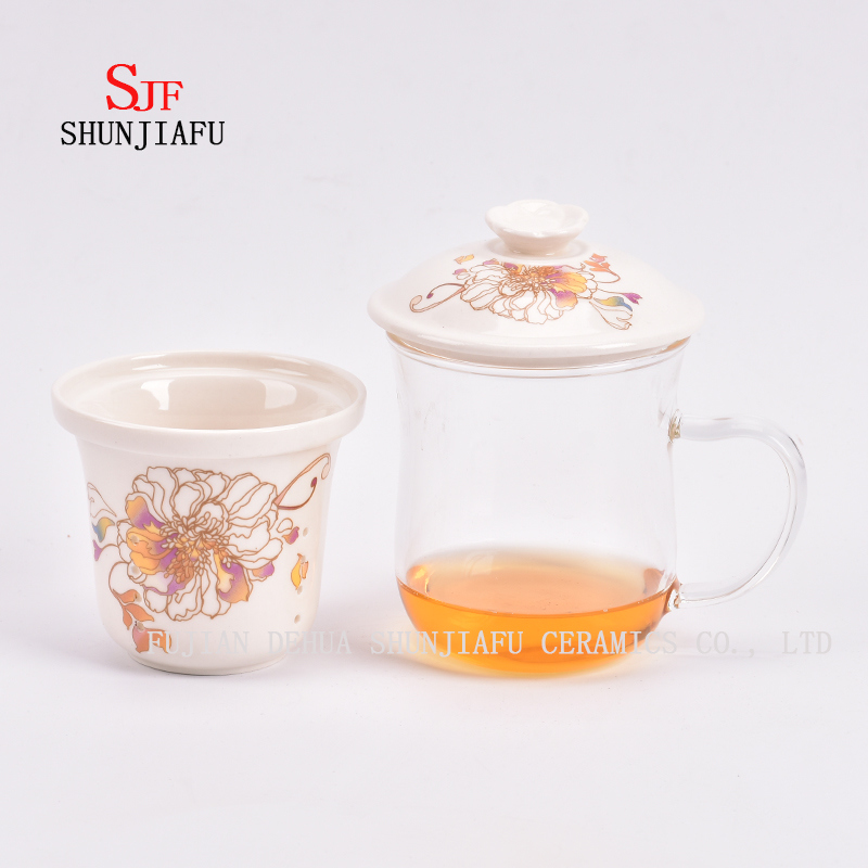 Flower Tea Cup Ceramic Filter Glass 400ml
