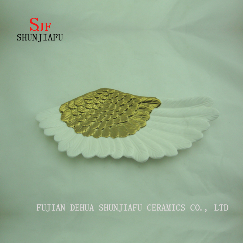 2 Design Broken-Winged Angel Dish, Ceramic Plate. White and Glod