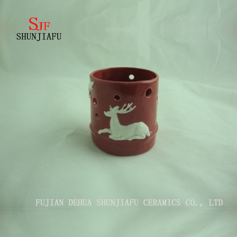 Deer Pattern Ceramic Candle Cup Candle Holder for Tea Lights, Red Color 3 Size