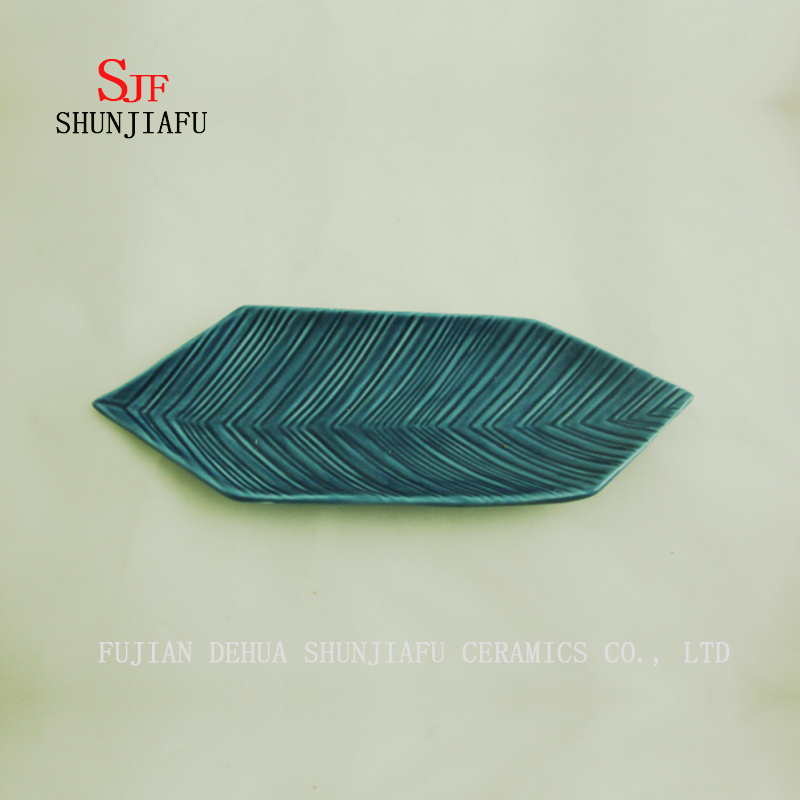 Blue Water Lines Leaf Ceramic Serving Plate Sauce Dish Ceramic