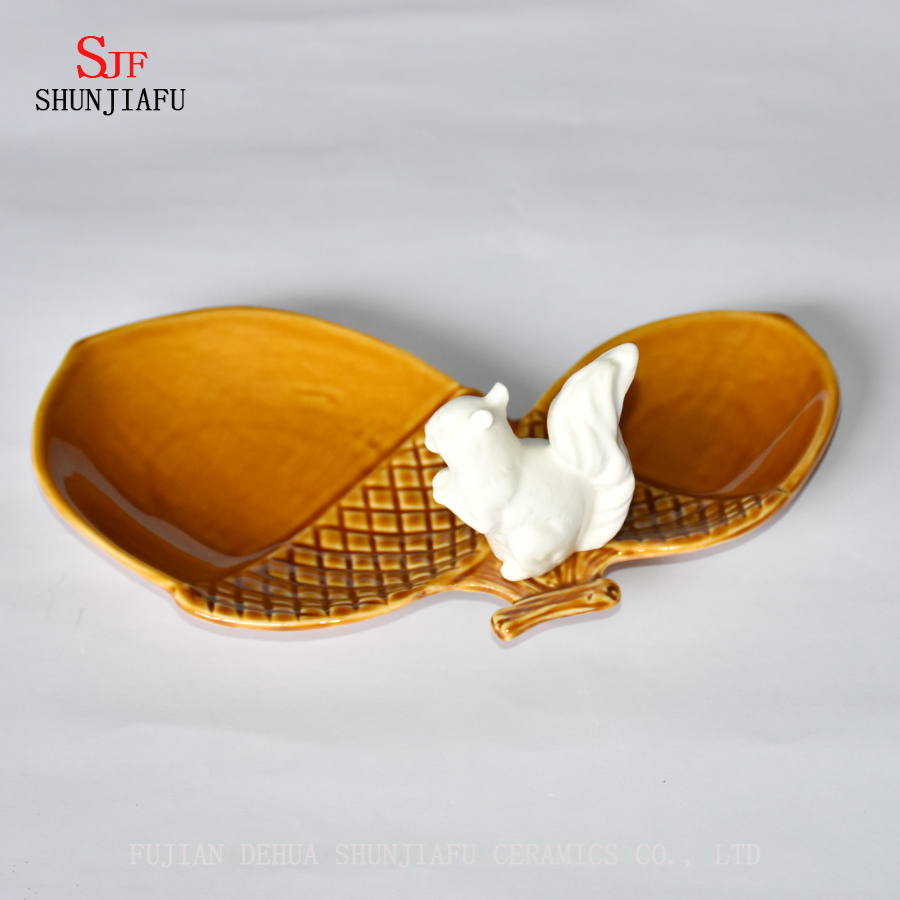 Creative Double Pine Cones and Cute Bird Ceramic Seasoning Plate/B