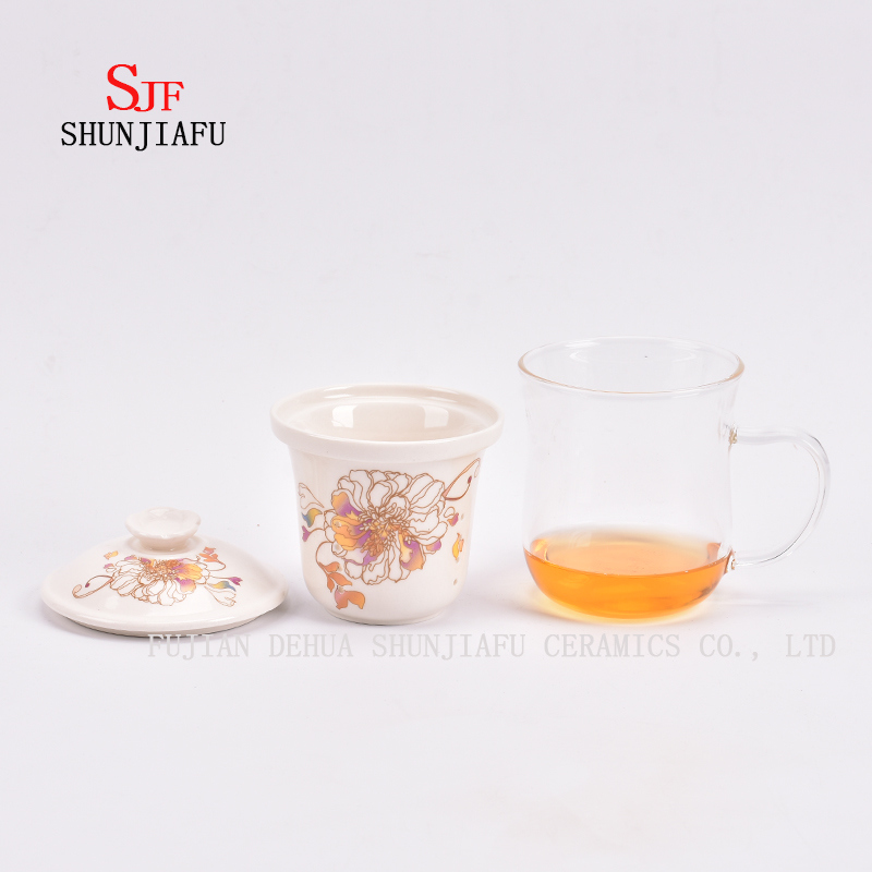Flower Tea Cup Ceramic Filter Glass 400ml