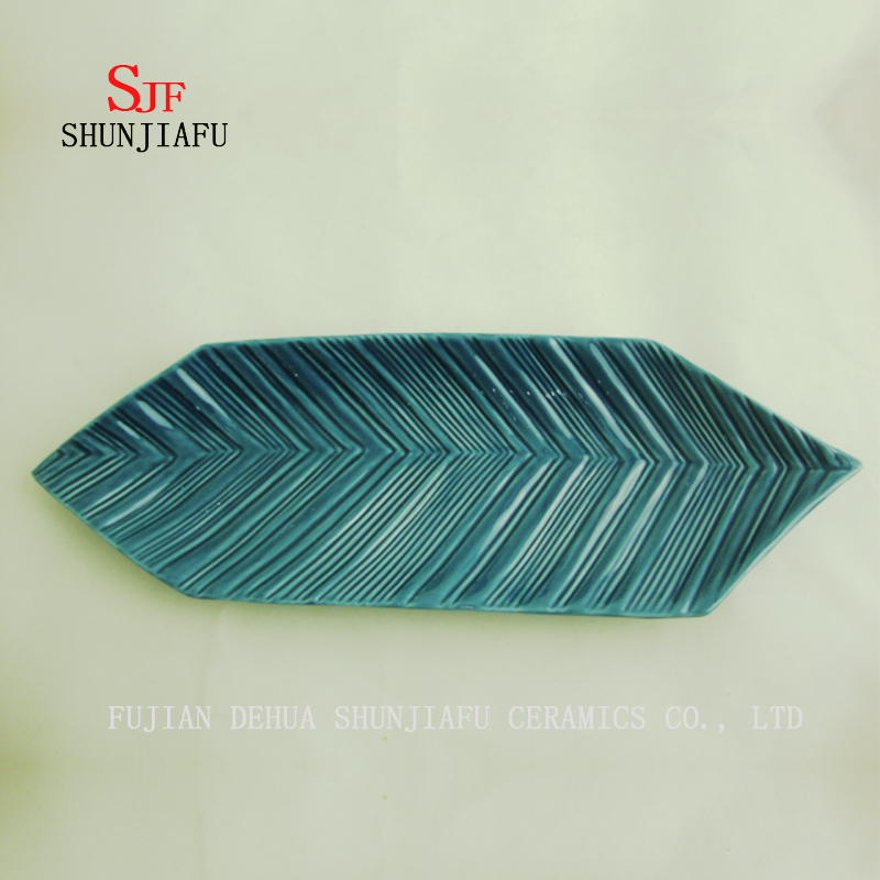 Blue Water Lines Leaf Ceramic Serving Plate Sauce Dish Ceramic