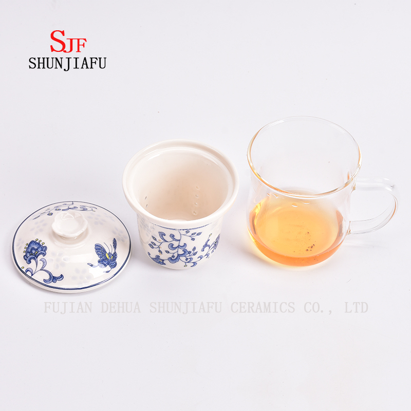 Office and Home Flower Tea Cup, Ceramic Filter and Borosilicate Glass Cup Combine, Glass Tea Cups with Lid