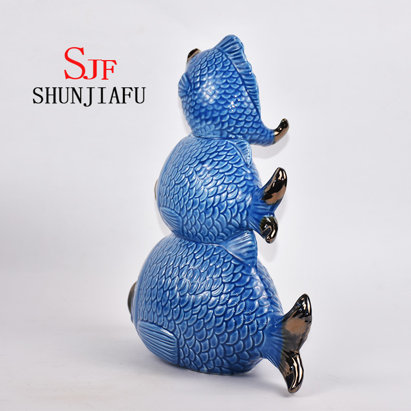 Ceramic Three Fishes Harmonious Family for Home Decorations