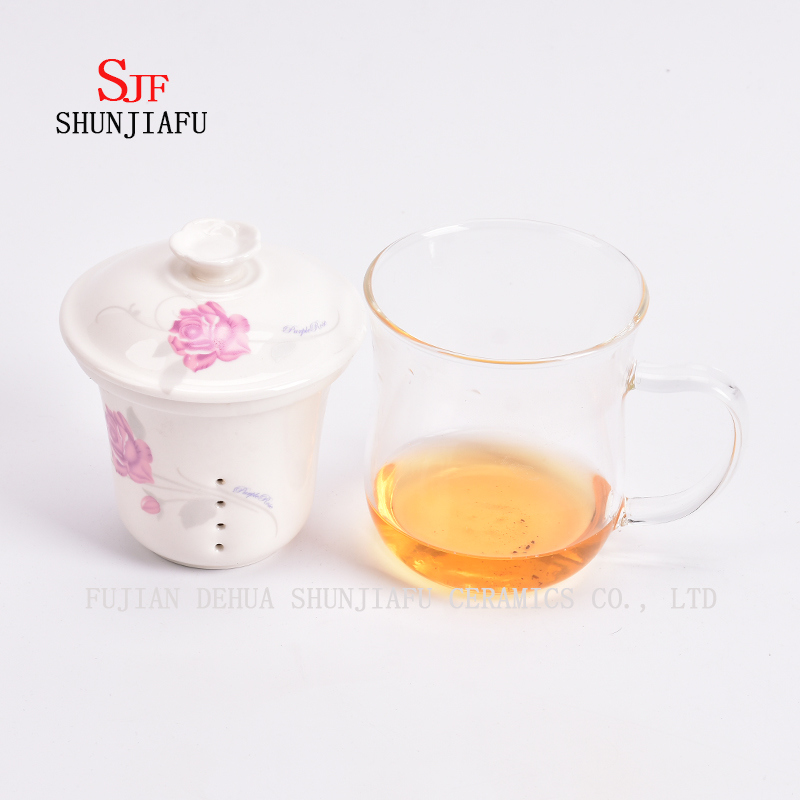 Heat - Resistant Glass Flower Cup Ceramic Liner Filter on Office Transparent Cups Covered, 400ml