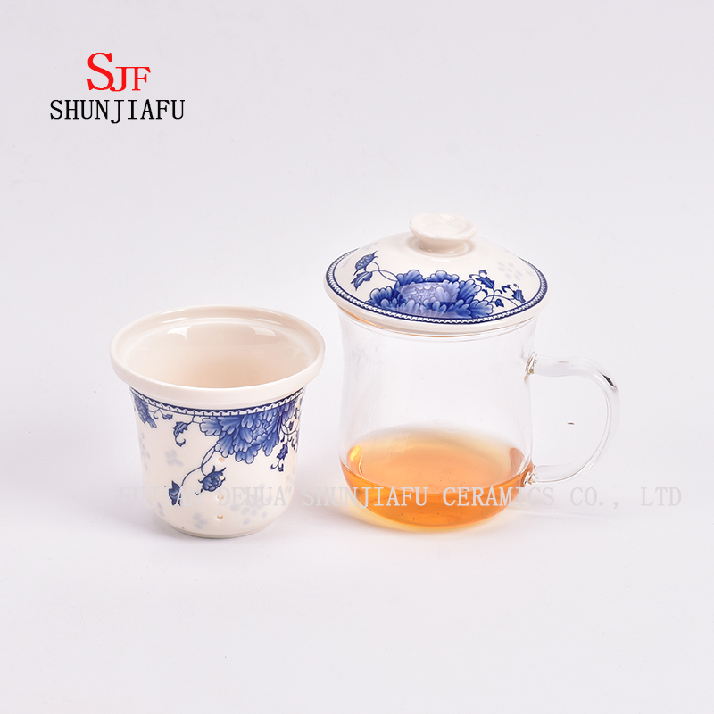 Office and Home Flower Tea Cup, Ceramic Filter and Borosilicate Glass Cup Combine, Glass Tea Cups with Lid