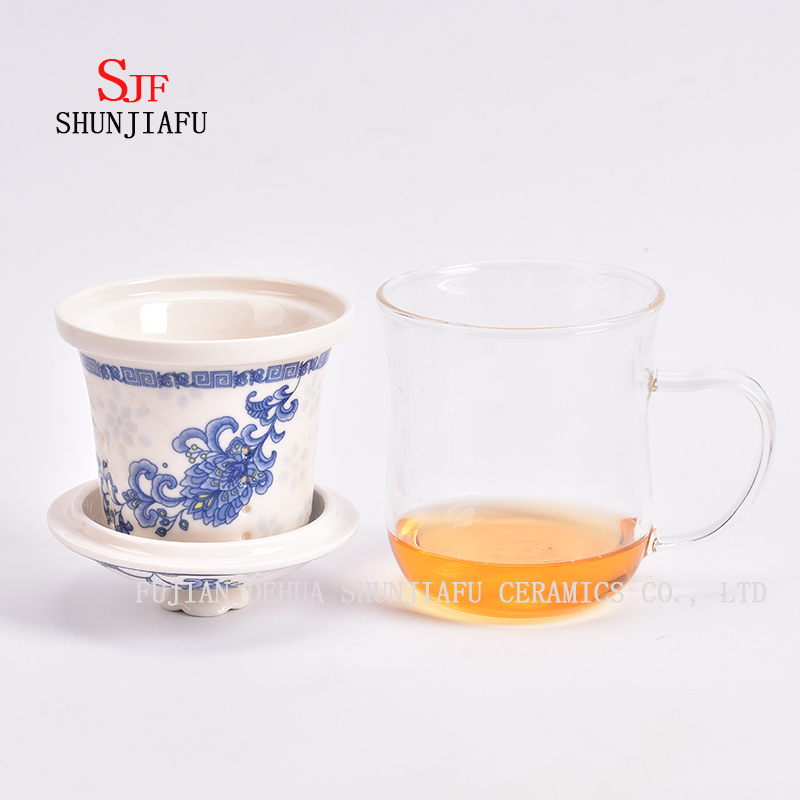 Office and Home Flower Tea Cup, Ceramic Filter and Borosilicate Glass Cup Combine, Glass Tea Cups with Lid