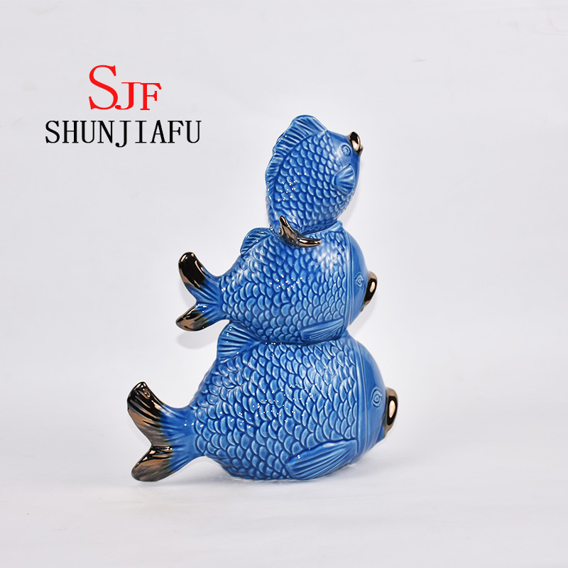 Ceramic Three Fishes Harmonious Family for Home Decorations