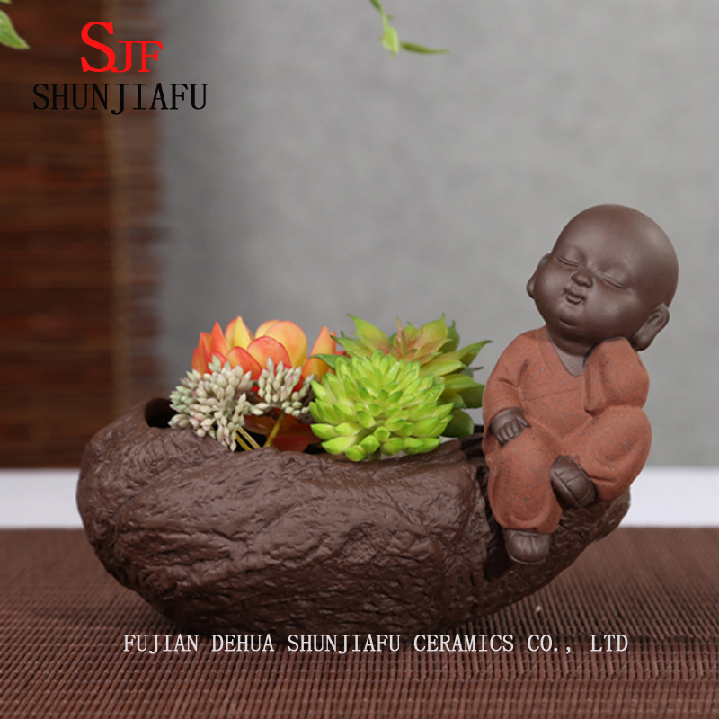 Ceramic Home/ Garden Vintage Flowerpot with Little Monk