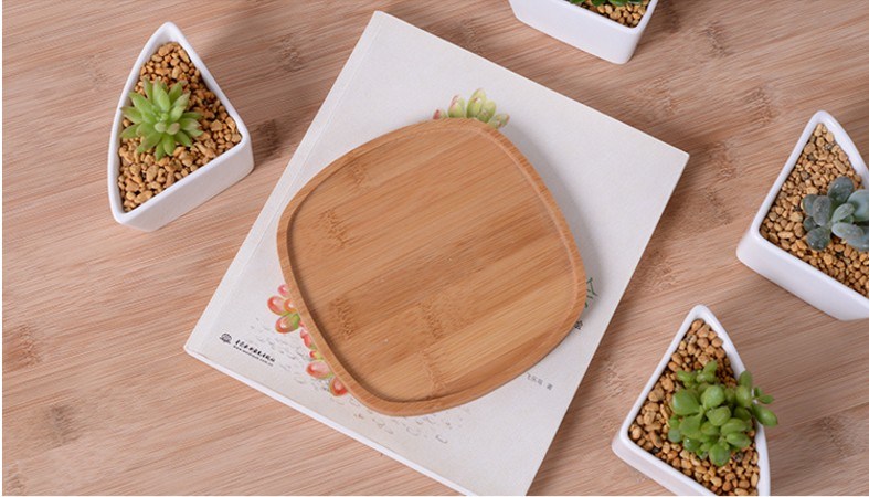 Triangular Ceramic White Flowerpot with Bamboo Base