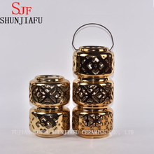 Ceramic Lantern with Metal Handle Gloss, Gold