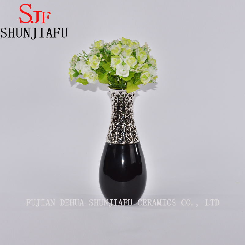 Morden Style Small Ceramic Flower Vase for Home Decoration (Black)