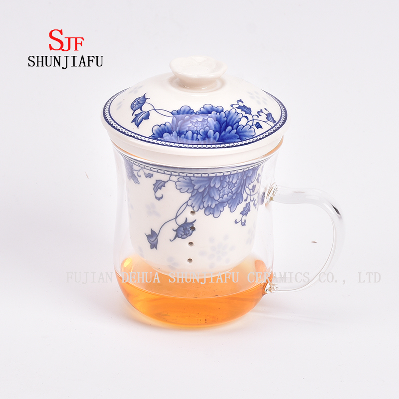 Office and Home Flower Tea Cup, Ceramic Filter and Borosilicate Glass Cup Combine, Glass Tea Cups with Lid