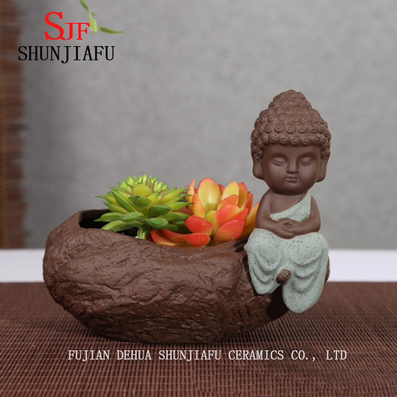 Ceramic Home/ Garden Vintage Flowerpot with Little Monk