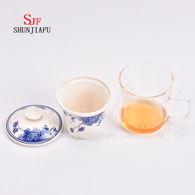 Office and Home Flower Tea Cup, Ceramic Filter and Borosilicate Glass Cup Combine, Glass Tea Cups with Lid