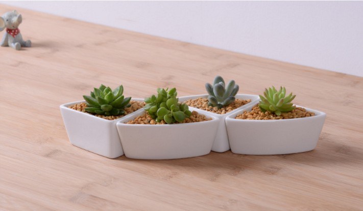 Triangular Ceramic White Flowerpot with Bamboo Base