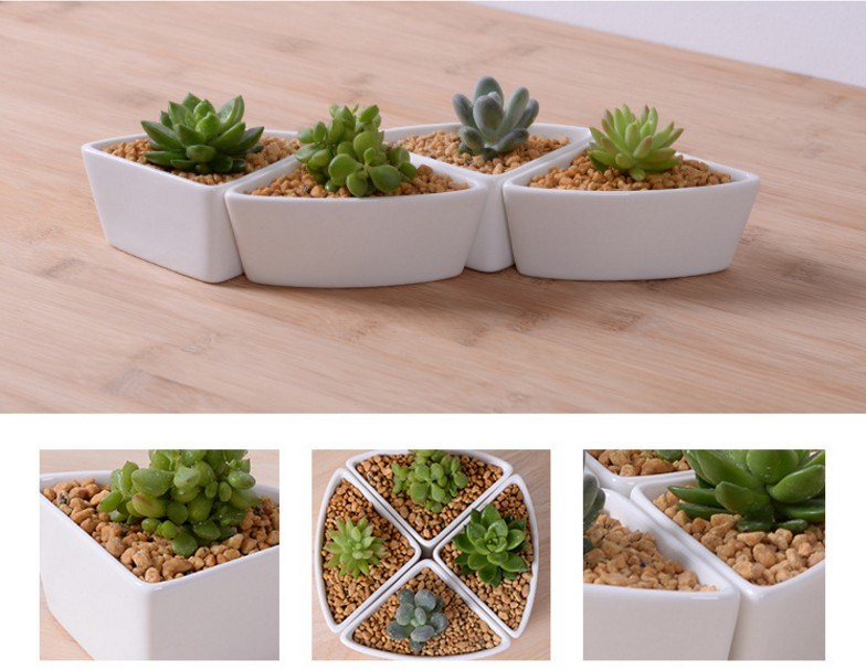 Triangular Ceramic White Flowerpot with Bamboo Base