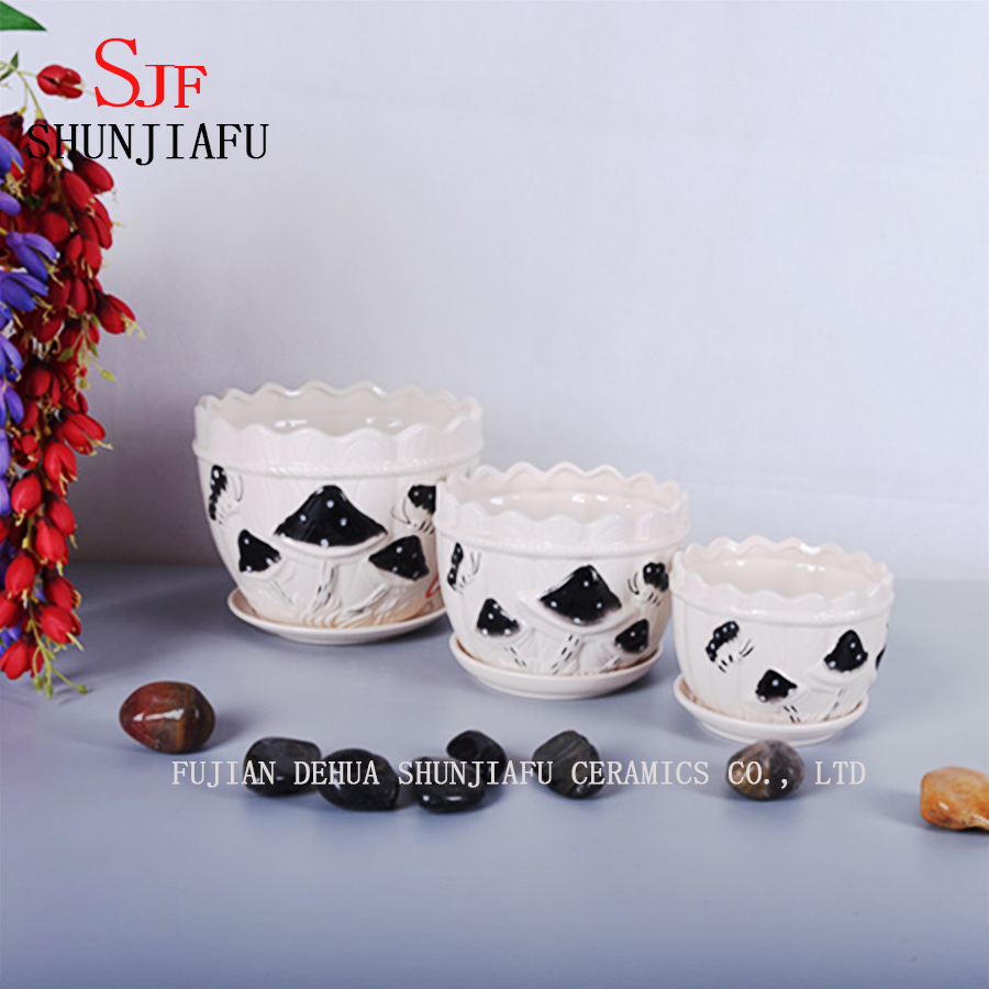 Ceramic Set of 3 Flowerpot with Beautiful Mushroom Pattern