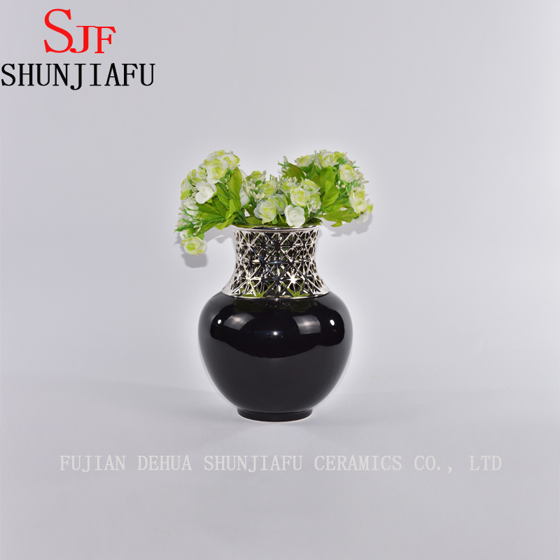 Morden Style Small Ceramic Flower Vase for Home Decoration (Black)