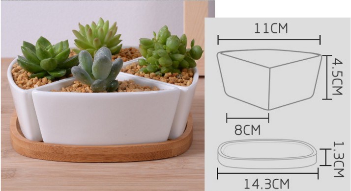 Triangular Ceramic White Flowerpot with Bamboo Base