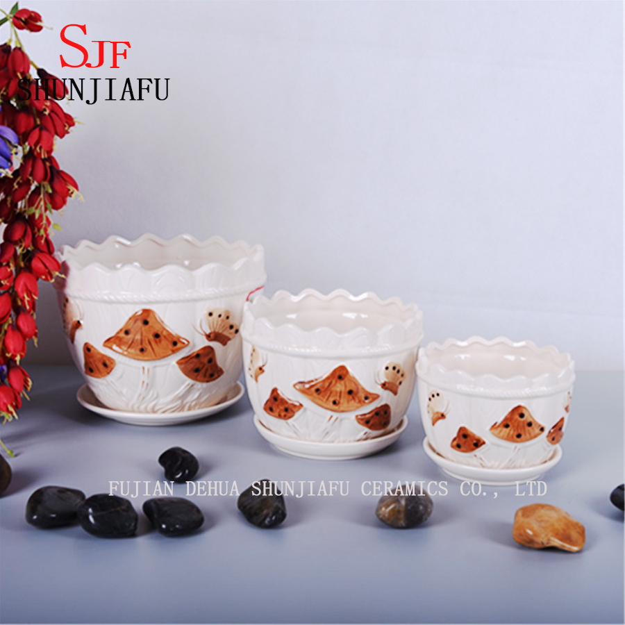 Ceramic Set of 3 Flowerpot with Beautiful Mushroom Pattern