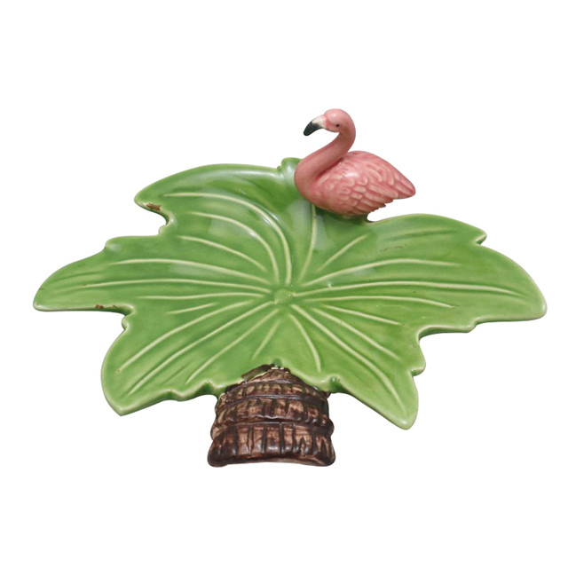 Ceramic Coconut Leaves with Handle And Pink Flamingo Plate