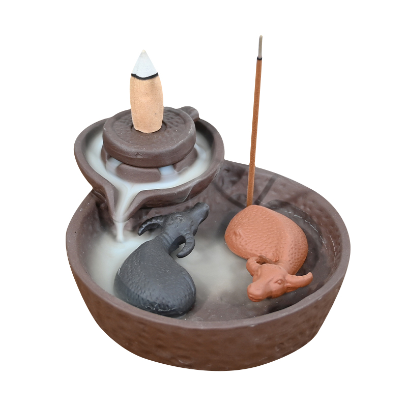 Double Bull with Cow Design Ceramic Backflow Incense Burner