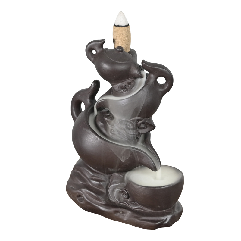 Ceramic Three Teapots Stacked Together Style Design Incense Cone Waterfall Backflow Little Buddha Sculpture Ceramic Backflow Incense Burner