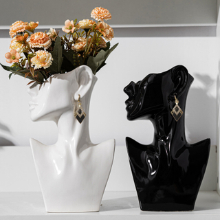 Wholesale Modern Ceramic Face Vase Bust Statue for Home Decor, OEM Custom Porcelain Human Head Flower Pots Jewelry Display Holder
