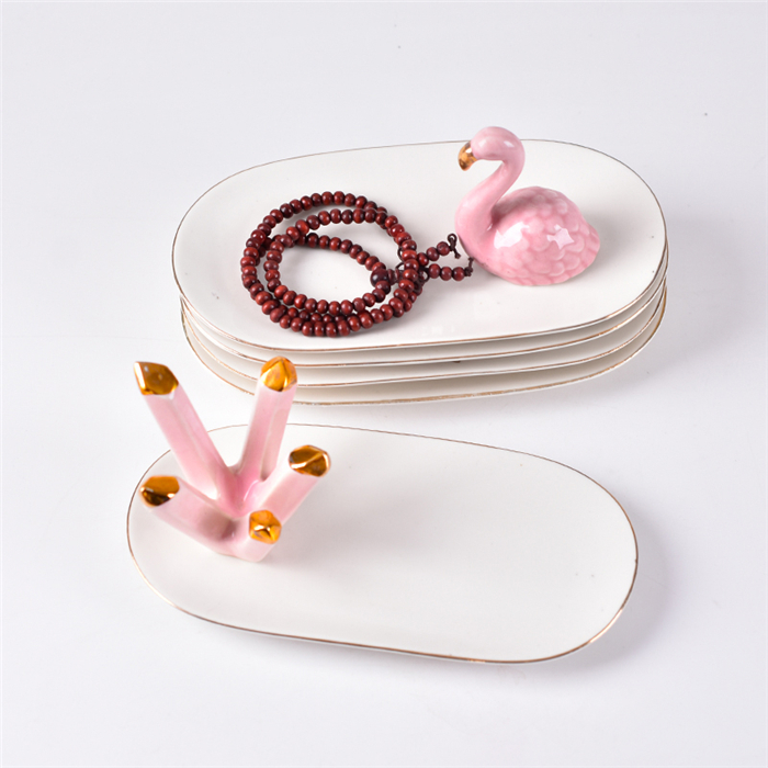 Personalisedjewel Diamond conicalness design Golden edge oval ceramic ewelry Tray