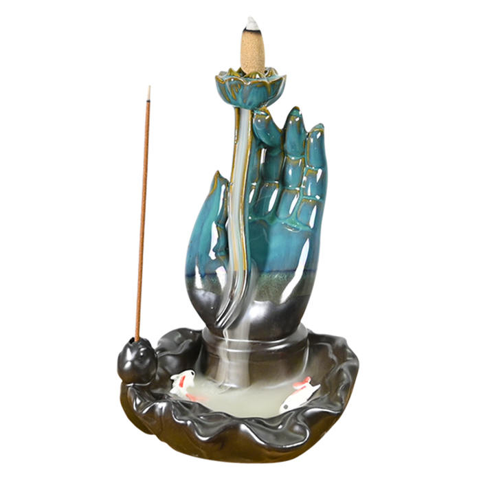 Ceramic Buddha Hands Blue Backflow Incense Burner