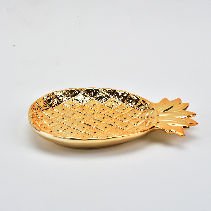 Electroplate Golden Pineapple Style Design Ceramic Jewelry Tray
