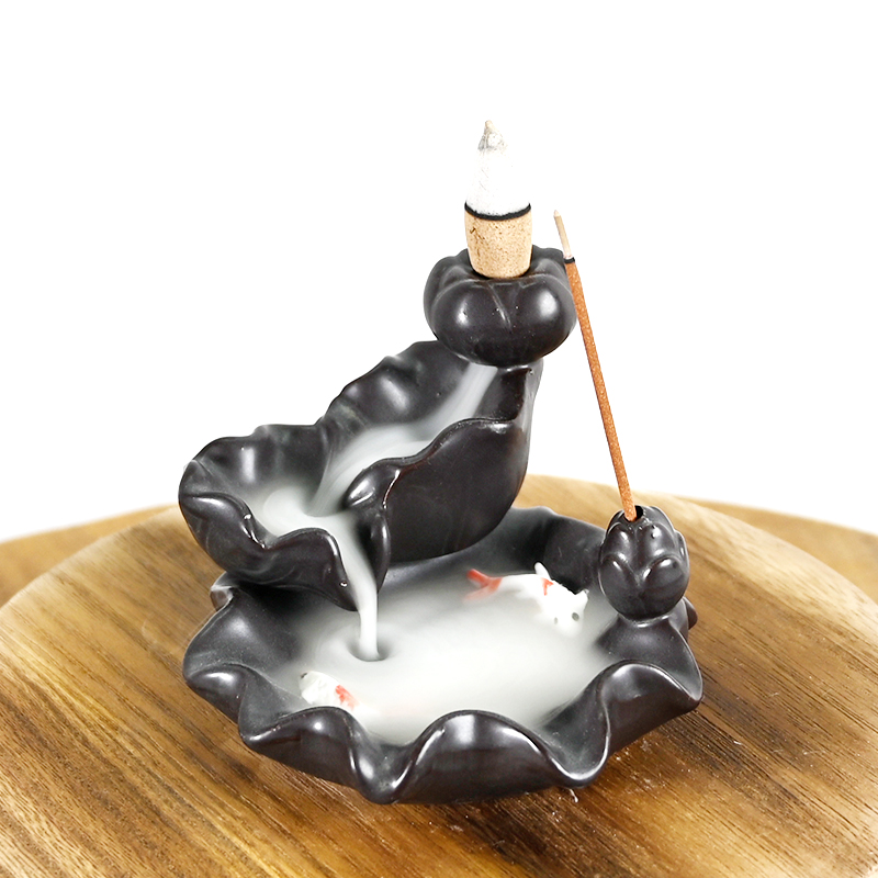 Ceramic Waterfall Backflow Incense Burner Lotus Style Design Two Goldfish Playing