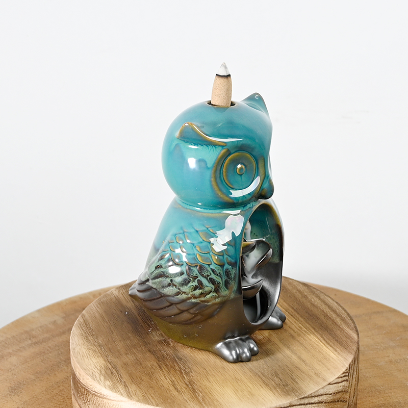 Blue Cerami Owl Styles Waterfall Backflow Incense Burner Incense Burner Production Supplier