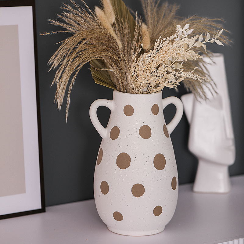 Ceramic vase with two ears Gold dot pattern Ceramic face design vase, flower arrangement container Home Furnishing decoration