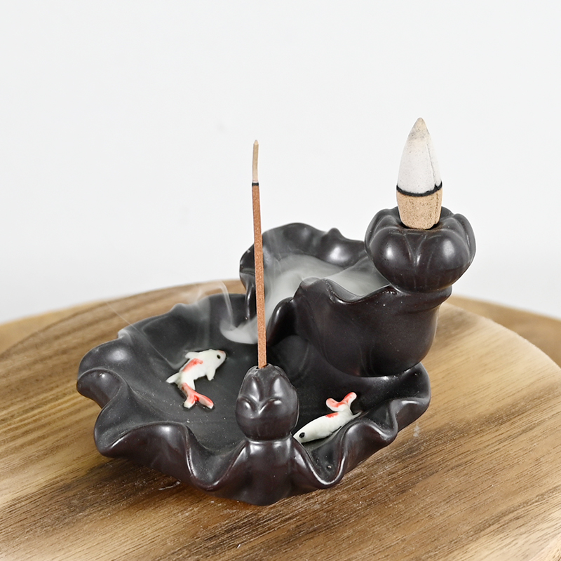Ceramic Waterfall Backflow Incense Burner Lotus Style Design Two Goldfish Playing