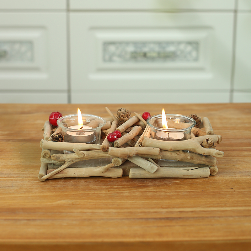 Driftwood Candle Holder with 3pcs Glass Candle Cup Tabletop Tea Light