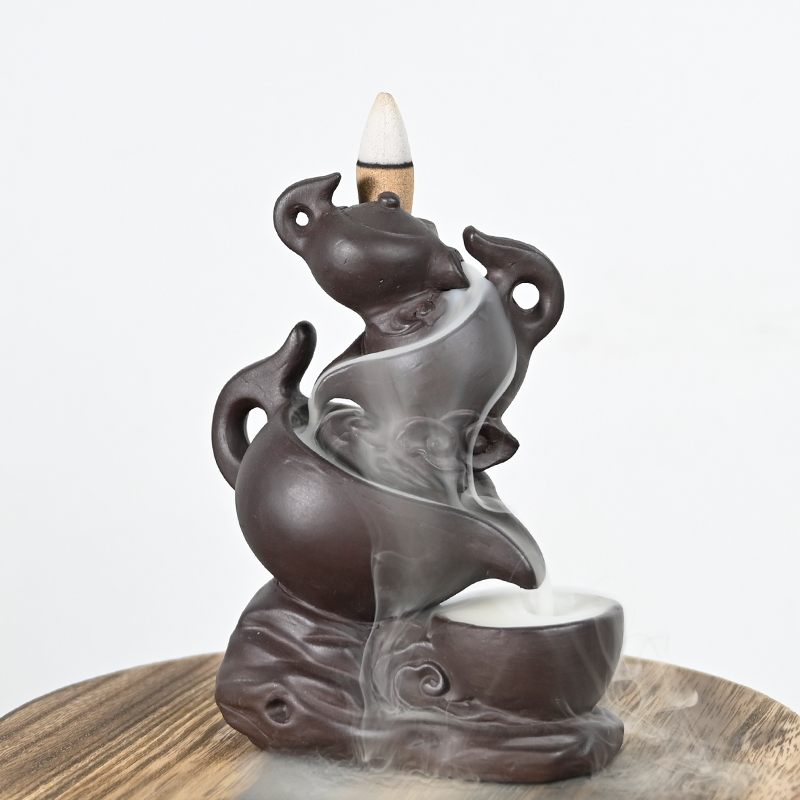 Ceramic Three Teapots Stacked Together Style Design Incense Cone Waterfall Backflow Little Buddha Sculpture Ceramic Backflow Incense Burner