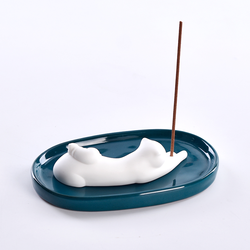 Line Incense Burner Ceramic Sculpture Small Cat With Ellipse Dish Stick Incense Holders