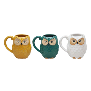 Cute 3D Owl Ceramic Coffee Mug Set, Novelty Gift Animal Tea Cups, Set of 3 Assorted Colors
