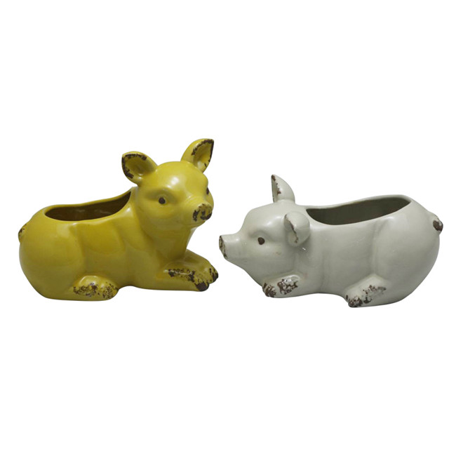 Ceramic Yellow Pig White Pig Red Design Flowerpot