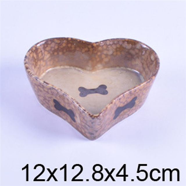 Brown Heart Shaped Bowl Printed Bone Picture Ceramic Pet Feeder Ceramic Dog Bowl