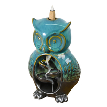 Blue Glaze Owl Style Statue Design Waterfall Incense Cone Holder Ceramic Backflow Incense Burner
