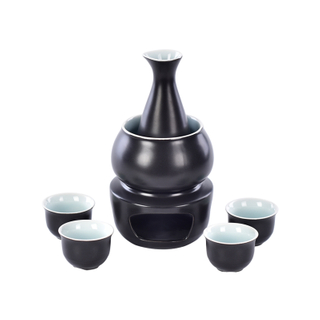 Black Glossy Glaze Black Sake Pot Wine Cup Wax Warmer Black Ceramic Sake Set