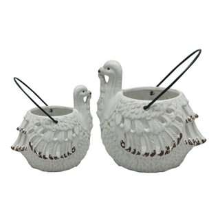 Ceramic Turkey Hollow Carved Hurricane Candle Lantern with Metal Handle, Hanging Fall Thanksgiving Home Decor Wholesale