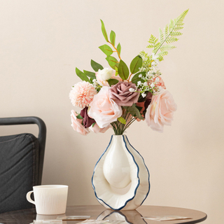 Wholesale Modern Ruffle Ceramic Vase with Artificial Flowers Set, OEM/ODM Customizable Floral Arrangement Centerpiece for Home Hotel Decoration
